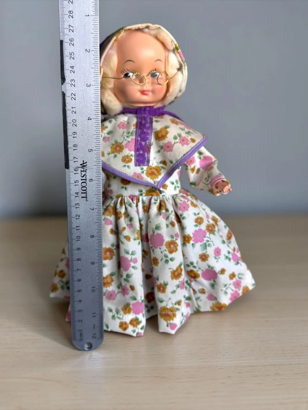 Vintage 1950s Grandma Doll with Floral Dress and Wire Glasses, Mid-Century